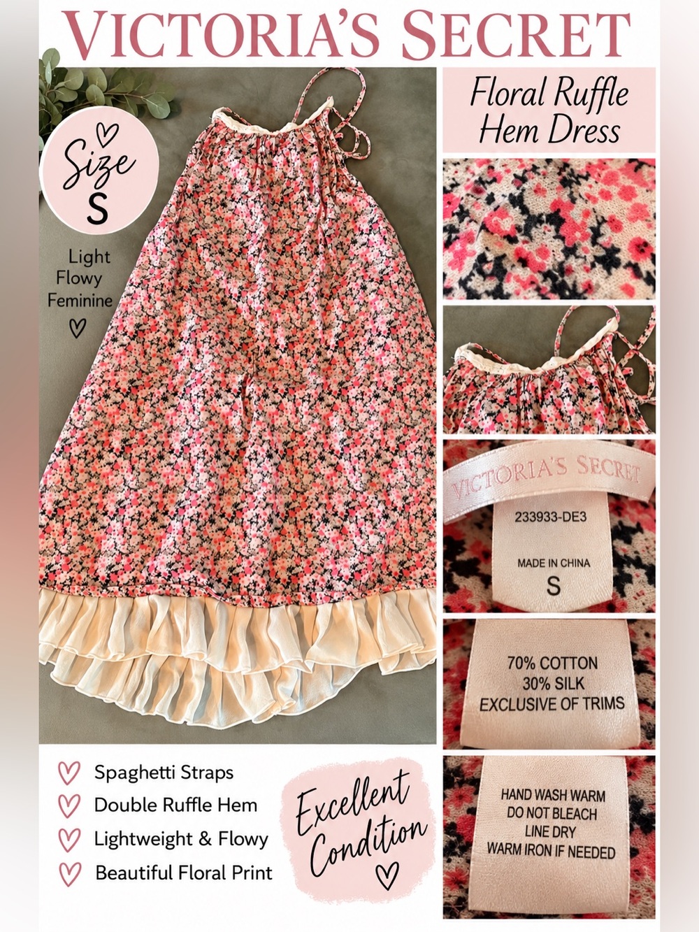 Vintage y2k Victoria's Secret Pink Floral Spaghetti-Strap Dress small